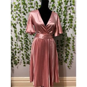 Mairee Dusty Pink Satin Pleated MIDI Dress